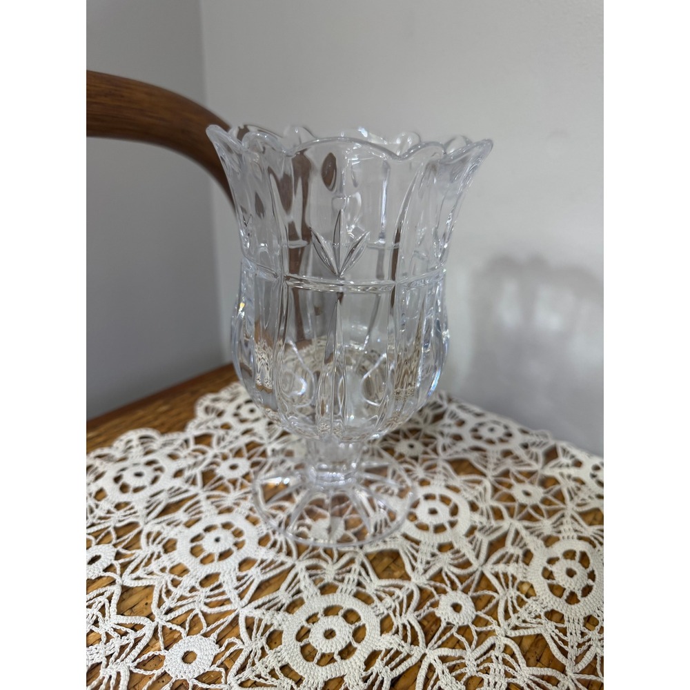 Vtg Clear Pressed Glass Scalloped Tulip Hurricane Candle Holder Pedestal Vase